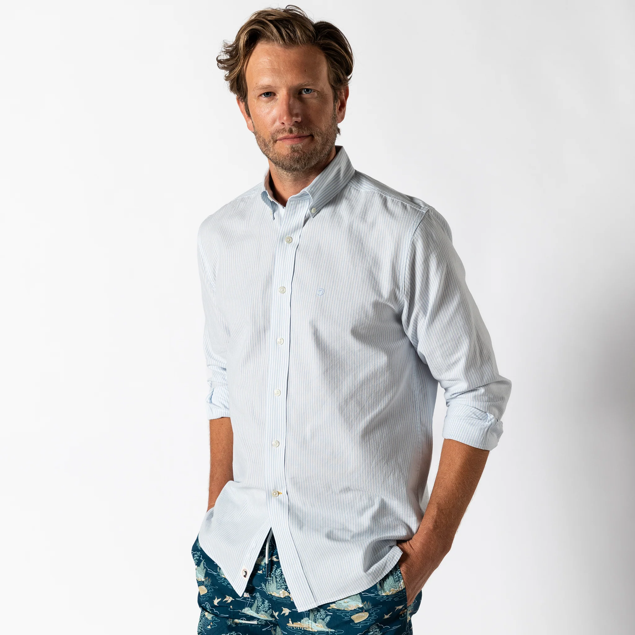 Cotton Oxford Sport Shirt - Collins Stripe - Light Blue - Image 2