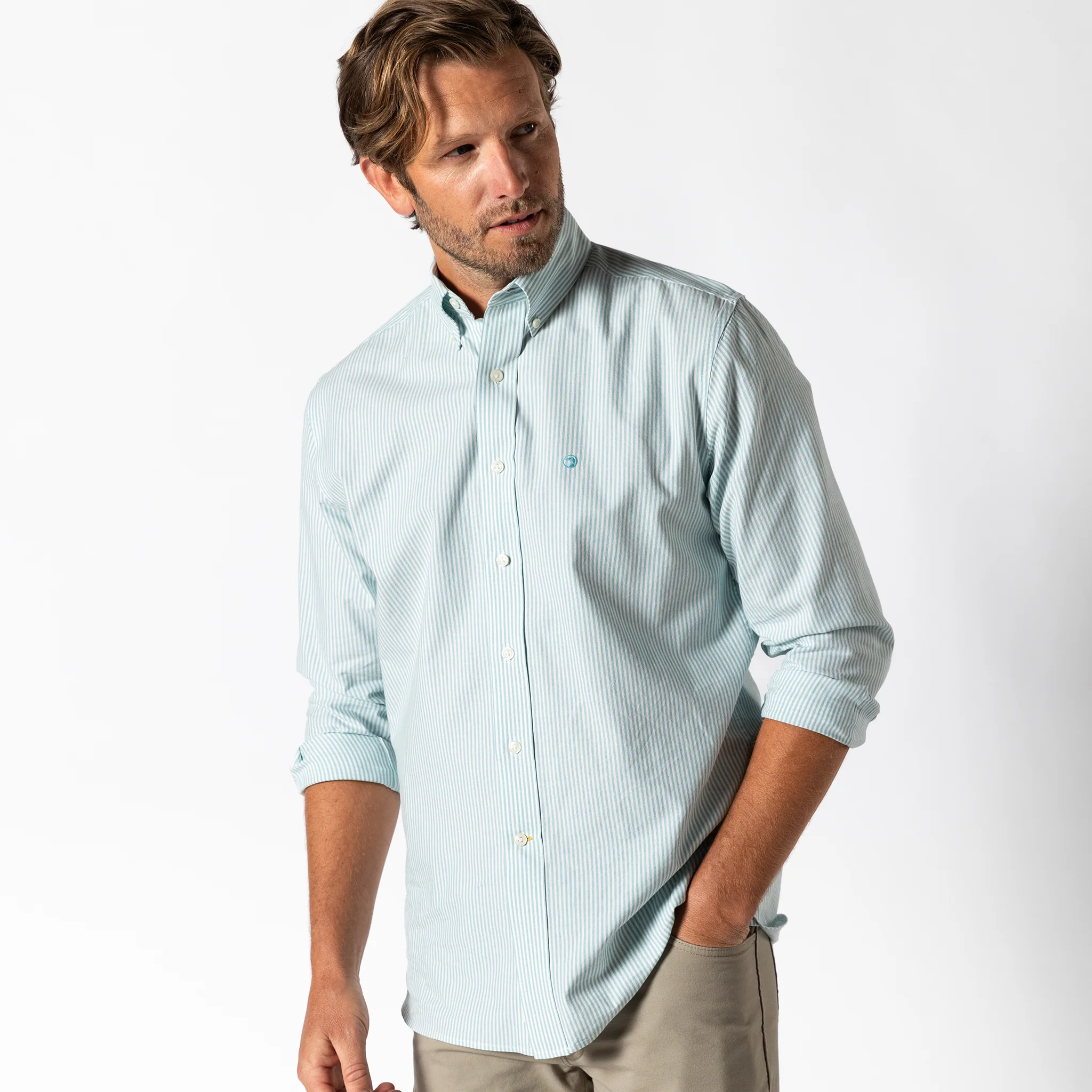 Cotton Oxford Sport Shirt - Collins Stripe - Marine Blue - Image 2