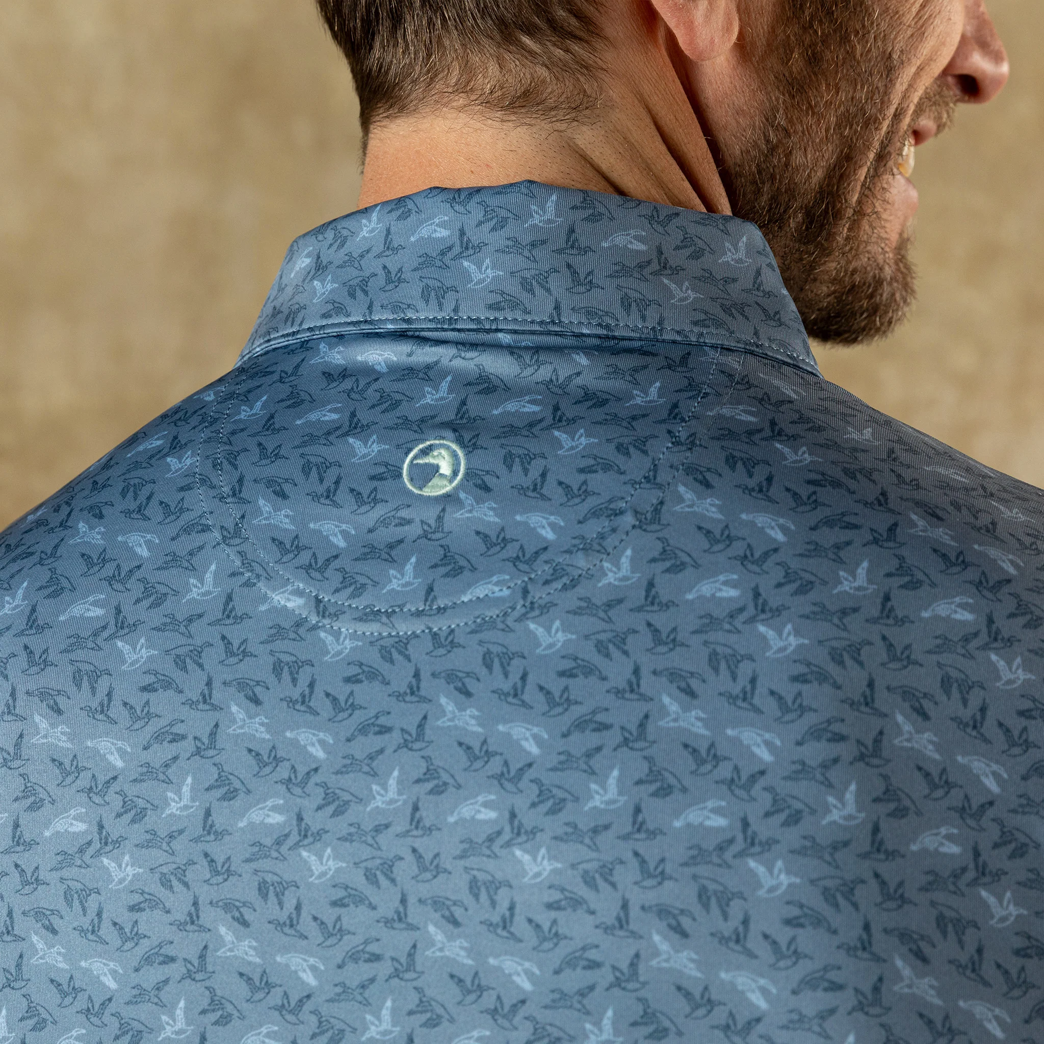 Long Drive Performance Polo - Wingbeat Print - Chambray Blue - Image 3